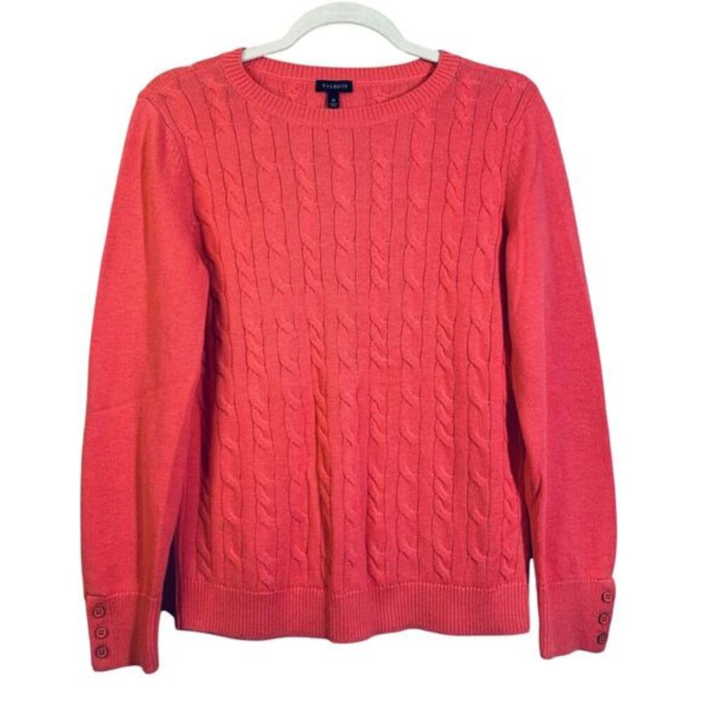 TALBOTS Sweater M Cable Knit‎ Lambswool Blend Coral Crew Neck Classic Timeless